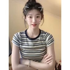 批发夏季2026复古条纹ins撞色T恤女修身美式辣妹打底上衣内搭正肩短袖