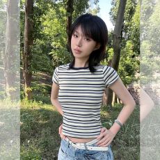 批发条纹韩版独特超好看短袖正肩漂亮t恤短款小个子上衣时尚洋气时髦