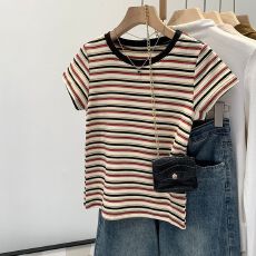 批发小众撞色条纹圆领正肩短袖t恤女2026夏季新款修身设计感别致上衣