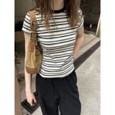 批发原版色织条纹＋后包领索罗娜领口 撞色条纹圆领正肩短袖t恤女