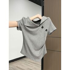 批发92粘胶8氨纶 法式坑条300g 翻领露锁骨T恤女不规则蝴蝶结修身掐腰