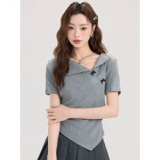 批发92粘胶8氨纶 法式坑条300g 灰色polo翻领短袖T恤女夏辣妹短款上衣