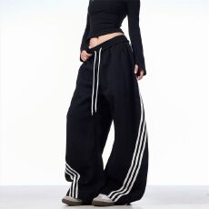 批发华棉复合牛奶丝  美式复古条纹阔腿弯刀卫裤女宽松休闲运动<b class='q'>裤子</b>潮
