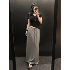 批发曼巴棉 灰色运动半身裙女春新款高腰直筒开叉a字半裙垂坠感卫裙