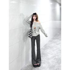 批发官图不减价 色织条 灰色条纹微喇裤<b class='q'>女</b>慵懒风阔腿垂感<b class='q'>休闲裤</b>子