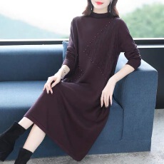 批发洋气妈妈秋冬装半高领针织连衣裙宽松大码<b class='q'>中老年</b>女长款打底厚<b class='q'>裙子</b>