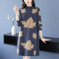 批发胖妈妈秋冬装遮肚过膝<b class='q'>连衣裙</b>大码中长款毛衣打底衫