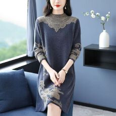 批发胖妈妈秋冬装遮肚过膝<b class='q'>连衣裙</b>大码中长款毛衣打底衫