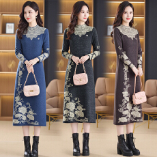 批发实拍胖妈妈秋冬装遮肚过膝<b class='q'>连衣裙</b>大码中长款毛衣打底衫