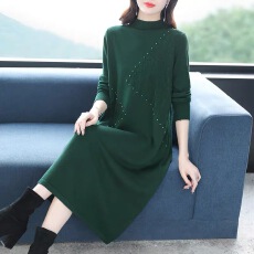 批发洋气妈妈秋冬装半高领针织连衣裙宽松大码<b class='q'>中老年</b>女长款打底厚<b class='q'>裙子</b>
