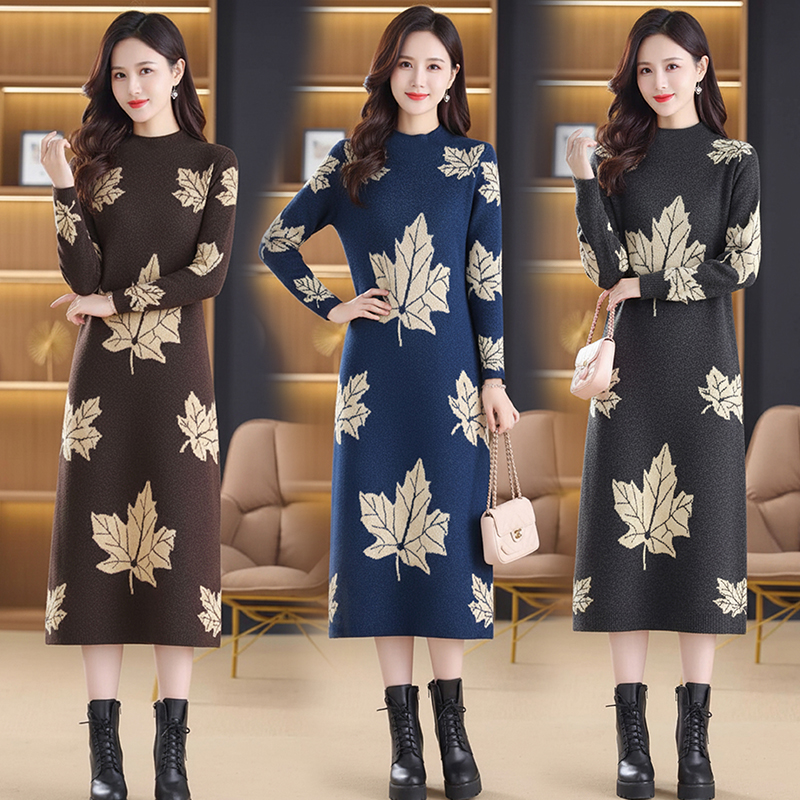 MY15133# 遮肚过膝连衣裙大码中长款毛衣打底衫女裝貨源服裝批發