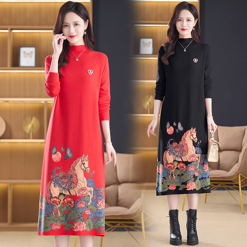 MY15471# 针织印花连衣裙秋冬新款女装洋气中长款打底毛衣裙子气质显瘦...