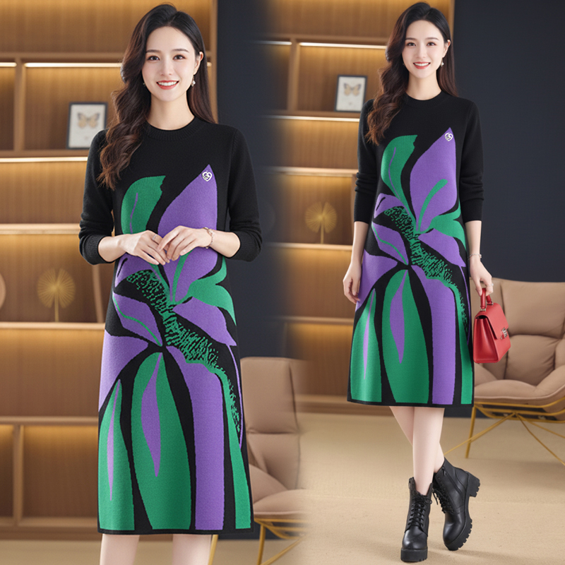 MY15468# 针织毛衣女宽松外穿新款加厚中长款打底连衣裙女裝貨源服裝批...