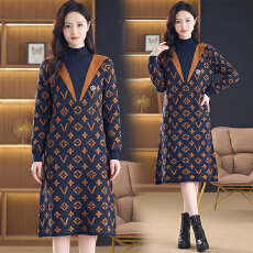 批发实拍新款2025秋冬时尚洋气提花<b class='q'>高端</b>气质中长款针织宽松遮肚<b class='q'>连衣裙</b>