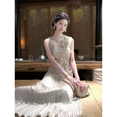 批发从一时刻【浮光调】轻奢重工立体盘花无袖<b class='q'>连衣</b>裙拼接百褶显瘦<b class='q'>长裙</b>