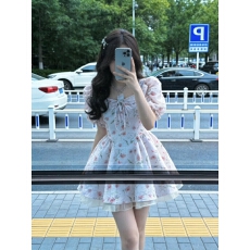 批发法式泡泡袖<b class='q'>碎花</b>连衣裙子女夏季在逃公主蓬蓬裙收腰显瘦小个子<b class='q'>短裙</b>