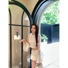 批发Thas9i九亿纯欲少女蕾丝肌理木耳边短上衣低腰<b class='q'>包臀</b>修身半裙套装