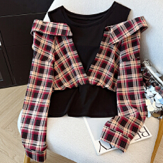 批发春装新款时尚洋气<b class='q'>假两件</b>拼接格子长袖<b class='q'>衬衫</b>女设计感小众露肩上衣潮