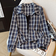 批发春装新款时尚洋气<b class='q'>假两件</b>拼接格子长袖<b class='q'>衬衫</b>女设计感减龄显瘦上衣潮