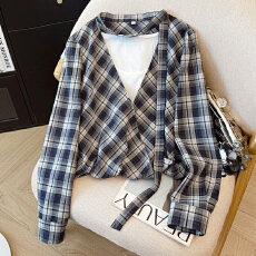 批发春装新款时尚洋气<b class='q'>假两件</b>拼接格子长袖<b class='q'>衬衫</b>女设计感显瘦减龄上衣潮