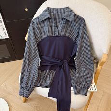 批发春装新款时尚洋气<b class='q'>假两件</b>拼接长袖格子<b class='q'>衬衫</b>女设计感收腰显瘦上衣潮