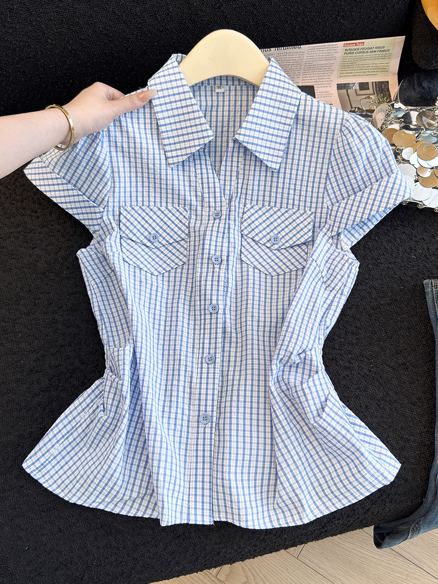 RY707# 2026夏季新款时尚洋气格子短袖衬衫女设计感收腰显瘦减龄韩系上衣