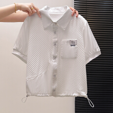 批发夏季新款时尚洋气假两件拼接短袖白色衬衫女时尚减龄小衫抽绳上衣