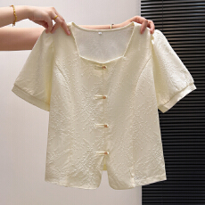 批发夏季时尚洋气新中式方领短袖衬衫女设计感小众气质显瘦减龄上衣