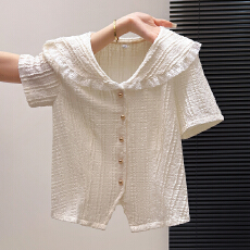 批发夏季新款时尚洋气蕾丝拼接<b class='q'>娃娃领</b>短袖衬衫女设计感显瘦肌理感上衣