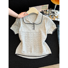 批发夏季新款时尚洋气<b class='q'>娃娃领</b>镂空短袖针织衫<b class='q'>T</b><b class='q'>恤</b>女百搭显瘦减龄上衣潮