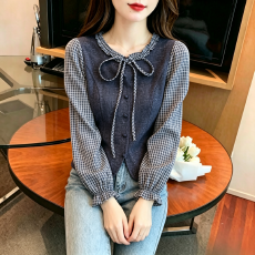 批发法式木耳边蝴蝶结格纹拼接假两件<b class='q'>衬衫</b>上衣女收腰显瘦短款<b class='q'>长袖</b>小衫