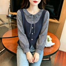 批发法式木耳边蝴蝶结假两件<b class='q'>衬衫</b>女秋季新款格子拼接短款<b class='q'>长袖</b>气质上衣