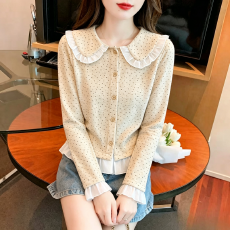批发法式温柔风波点娃娃领<b class='q'>衬衫</b>女秋季新款气质百搭单排扣显瘦<b class='q'>长袖</b>上衣
