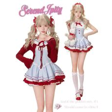 批发少女椰子甜品系樱桃丸子 夏季蓝色格纹连衣裙女