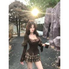 批发Mejiu蜜九麦恩莉秋季性感蕾丝豹纹<b class='q'>连衣裙</b>女长袖设计修身裙子