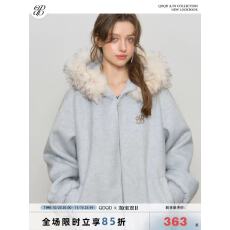 批发<b class='q'>甜美</b>毛领连帽毛呢卫衣外套女装秋冬季新款高级感夹棉加厚呢子大衣