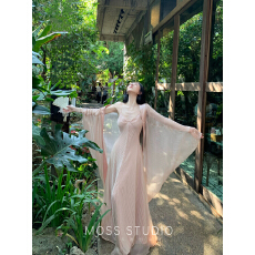 MOSS STUDIO花月夜新中式麻感鎏光开衫外套+吊带连衣裙套装女