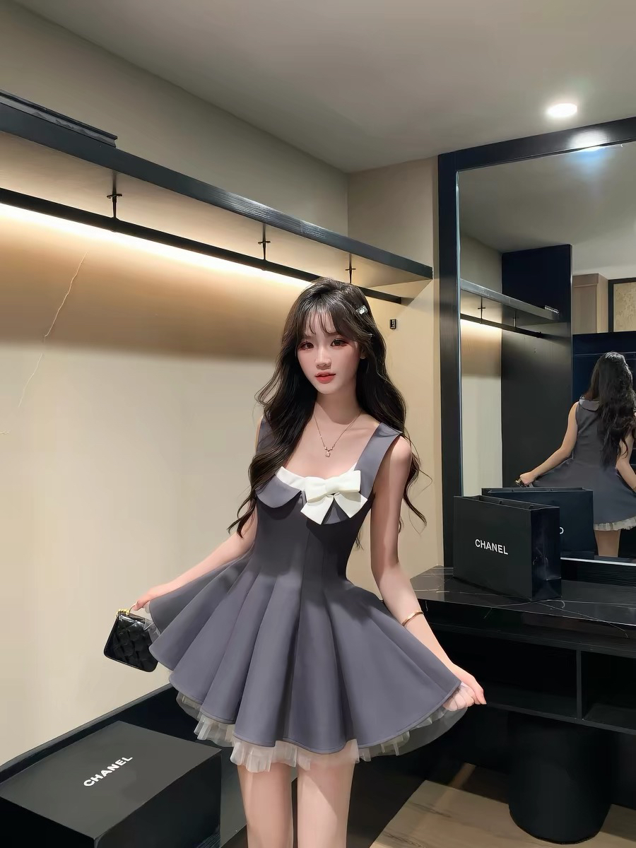 기타 한 작은 물고기 musefish 한 여성 로이터 프랑스식 천 금빛 바람 드레스 허리 수축 품격 퍼프 스커트 여성 여름