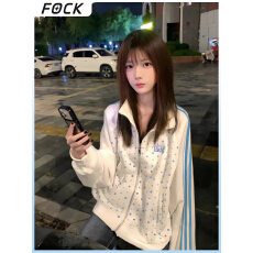 批发FOCK美式复古星星立领拉链外套女男宽松休闲运动夹克白色短外套