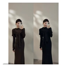 批发时尚半高领长袖秋季新款套装针织显瘦披肩两件套