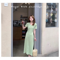 批发FUGUI RICH青提冰茶小个子夏季新款圆领高腰显高显瘦<b class='q'>连衣裙</b>