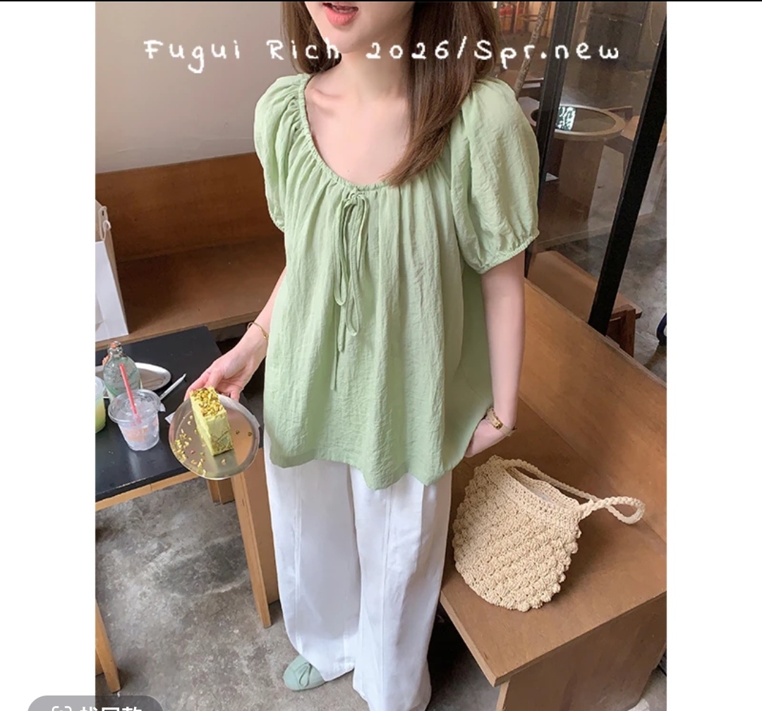 fugui rich 안개 녹색 버블 작은 키 여름 새로운 펌프 로프 디자인 루즈핏 다용도 신선함 작은 셔츠