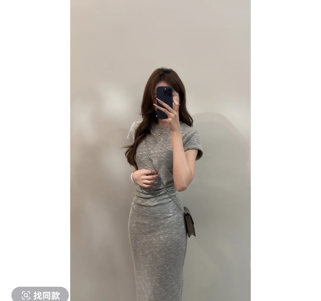 새로운 주름 허리 수축 라운드 넥 여름 반팔 몸매 가꾸기 슬림해 보이는 품격 다용도 드레스