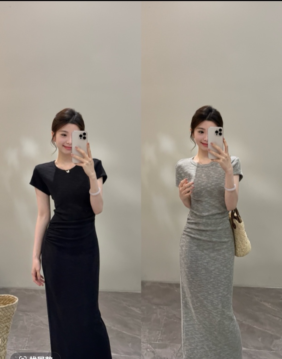 노래 송 새로운 주름 허리 수축 라운드 넥 여름 반팔 몸매 가꾸기 슬림해 보이는 품격 다용도 드레스