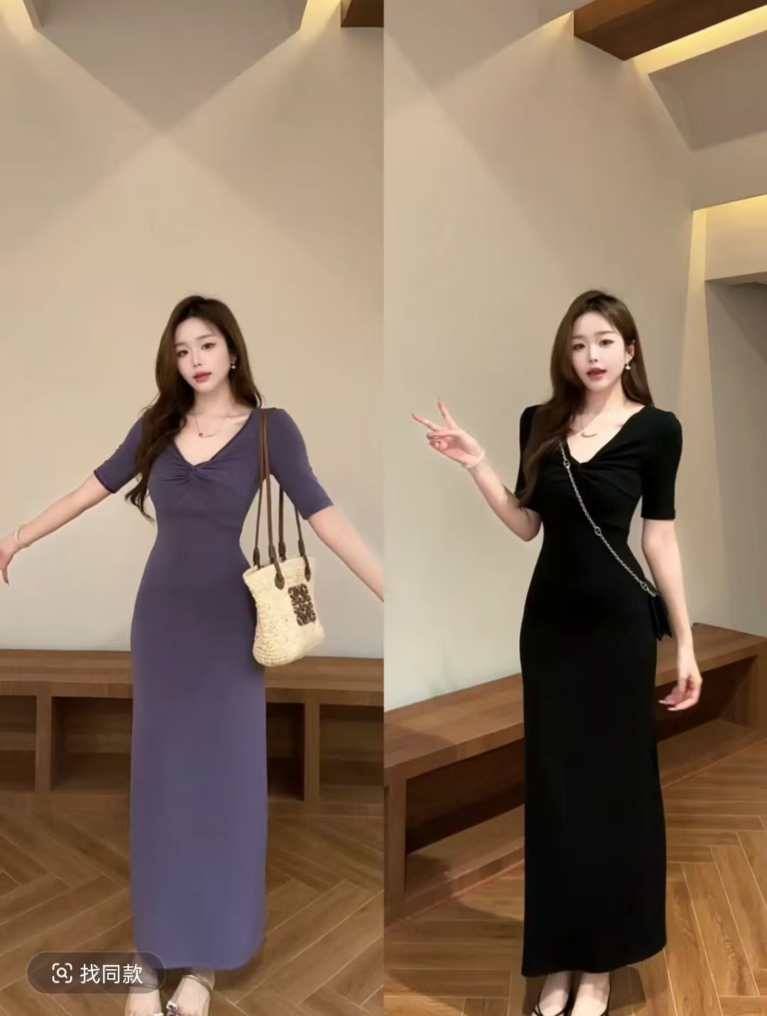 여름 새로운 V넥 비틀림 허리 수축 반팔 슬림해 보이는 품격 롱 코트 드레스