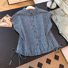 批发实拍2026<b class='q'>夏</b>季新品休闲文艺气质格纹无袖翻领抽绳衬衫上衣女