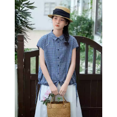 批发蓝白格<b class='q'>衬衫</b>女2026夏季日系休闲上衣宽松薄款翻领坎肩<b class='q'>衬衣</b>