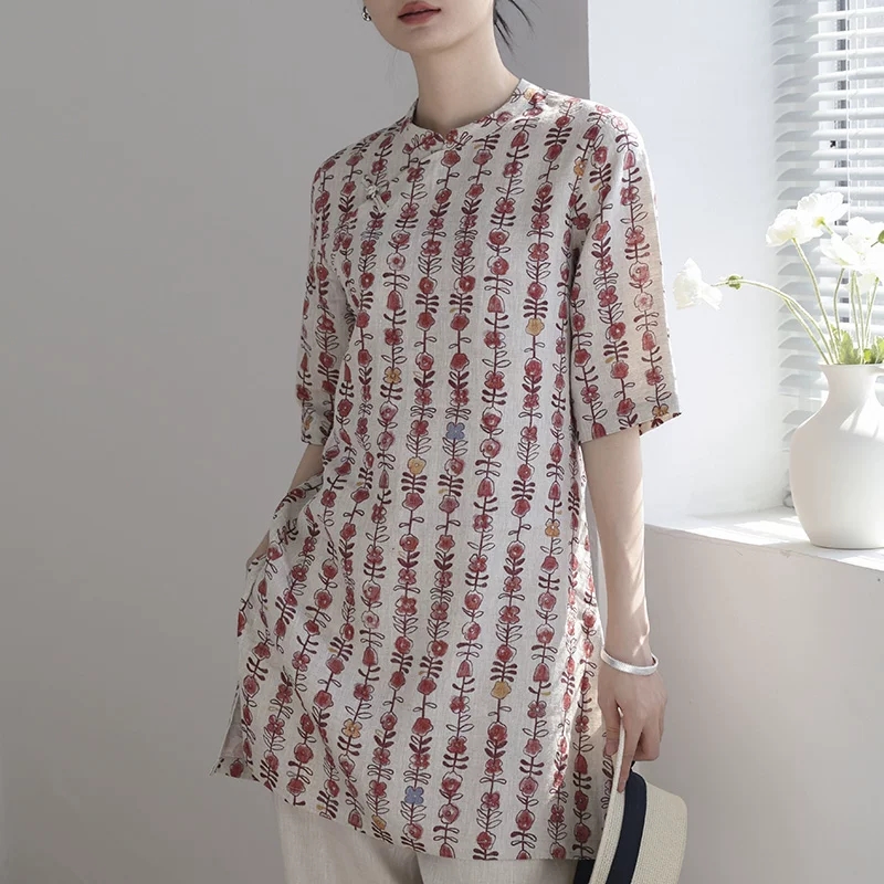 봄 여름 새로운 문예 국풍 단추 프린트 셔츠 중간 소매 티셔츠 여성 다용도 캐주얼 맨위 여성 의류