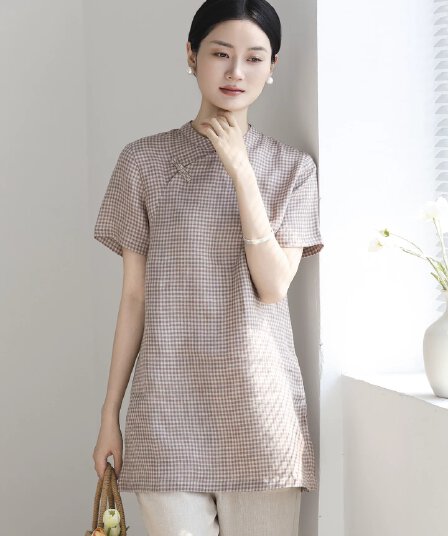 새로운 중식 문예 국풍 비스듬한 襟 단추 컬러 짜임 격자 무늬 셔츠 반팔 맨위 다용도 여성