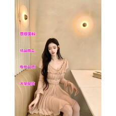 批发Hotdog  热狗很辣【山樱晚霞】荷叶边收腰<b class='q'>连衣裙</b>子女V领长袖短裙